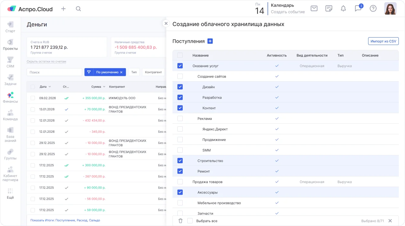 Управленческий учет и финансовые показатели по проектам.
