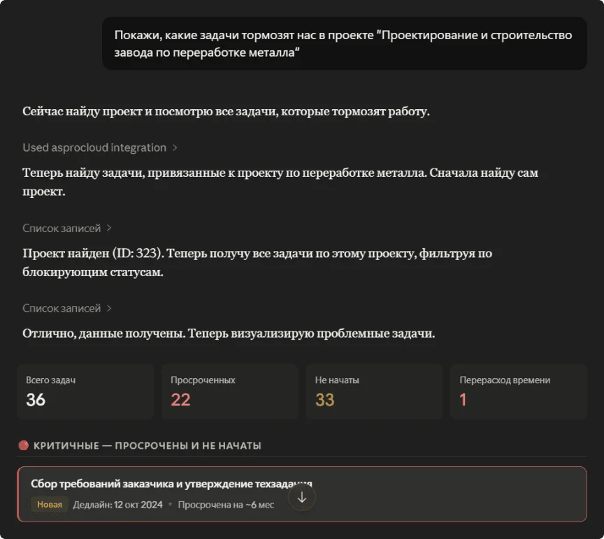 Контроль проектов в Аспро.Cloud через ИИ-ассистента.