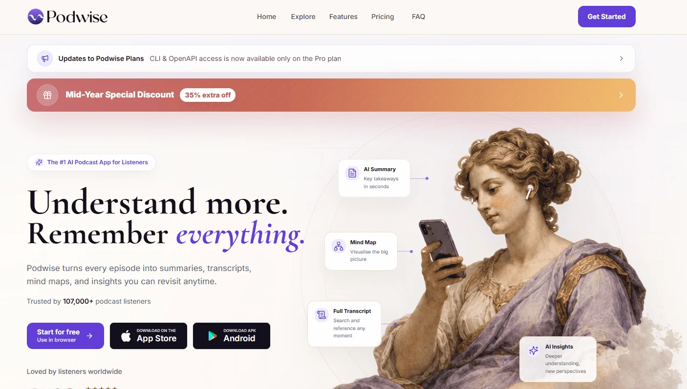 Podwise переводит каждый выпуск в текст, делает из него краткую выжимку, строит схемы и собирает главные тезисы, к которым можно вернуться когда угодно.